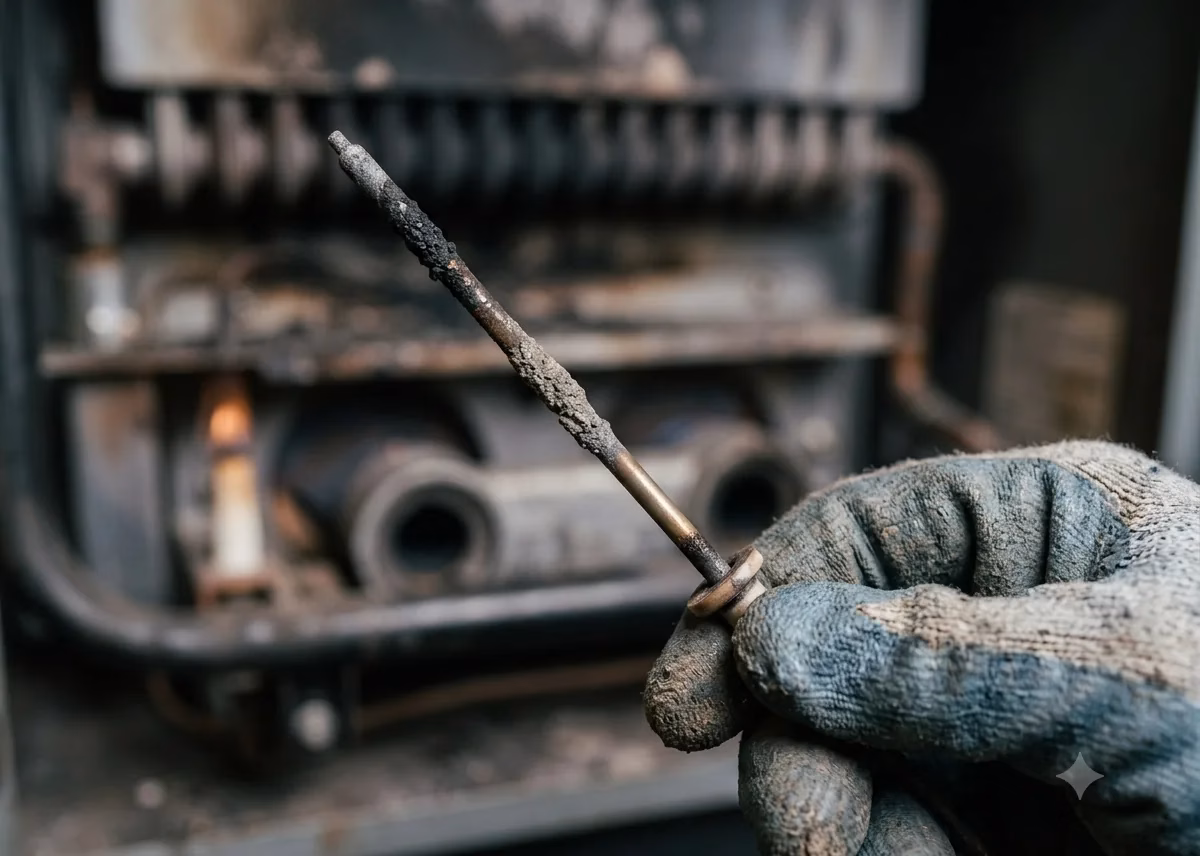 Dirty furnace flame sensor with carbon buildup held in a gloved hand