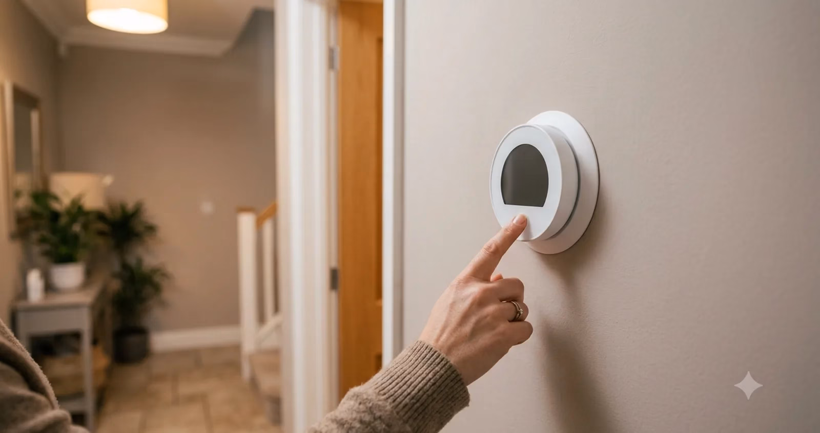 Homeowner adjusting a modern wall thermostat to test a furnace