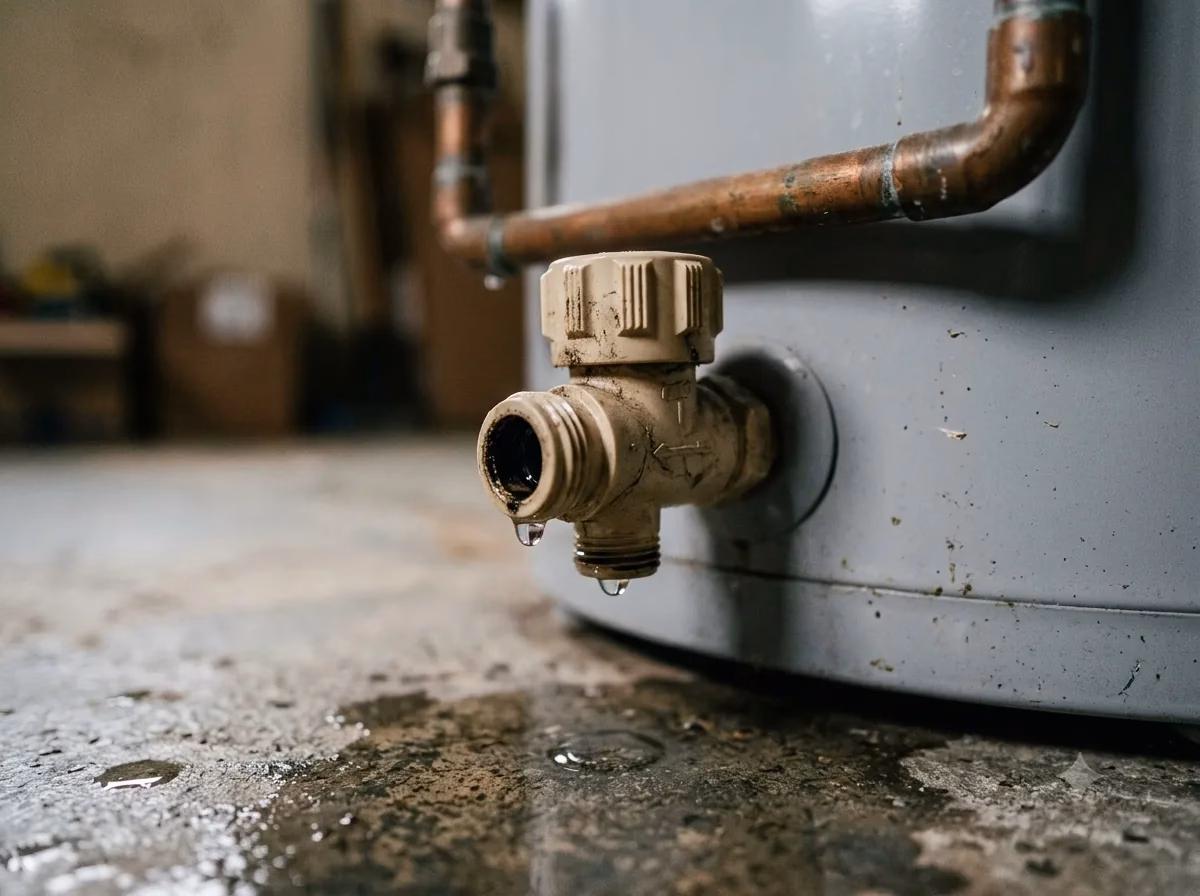 Plastic drain valve dripping at the bottom of a water heater