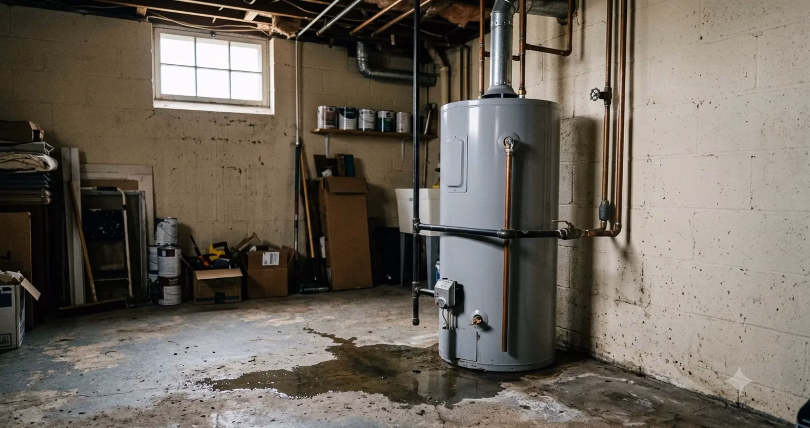 Residential water heater in a basement with water pooling on the floor