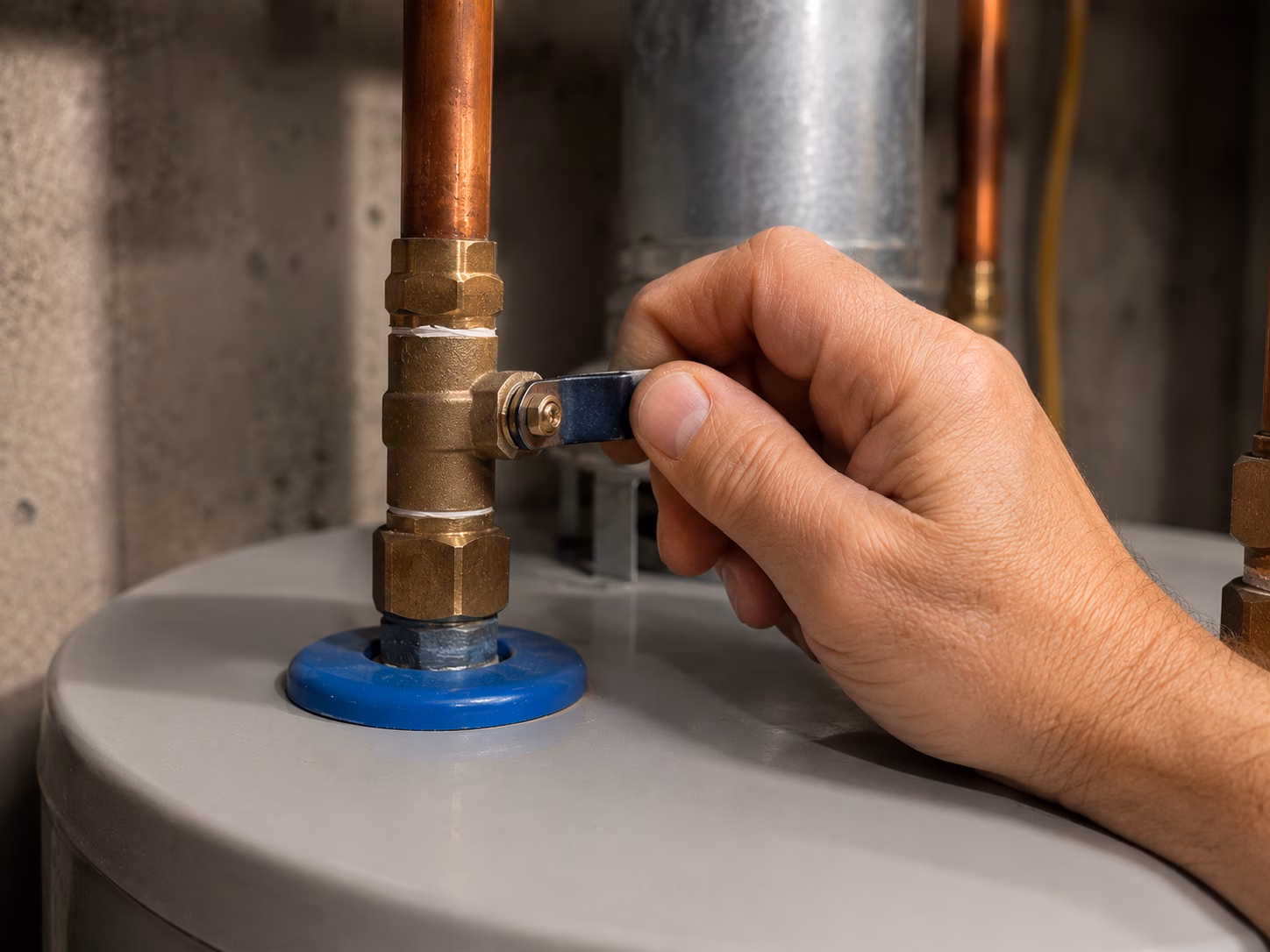 Hand closing the cold water shutoff valve on top of a water heater