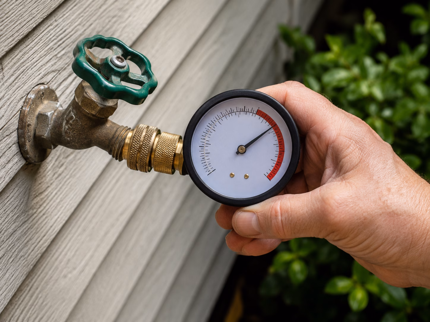 Water pressure test gauge on an outdoor spigot reading high pressure